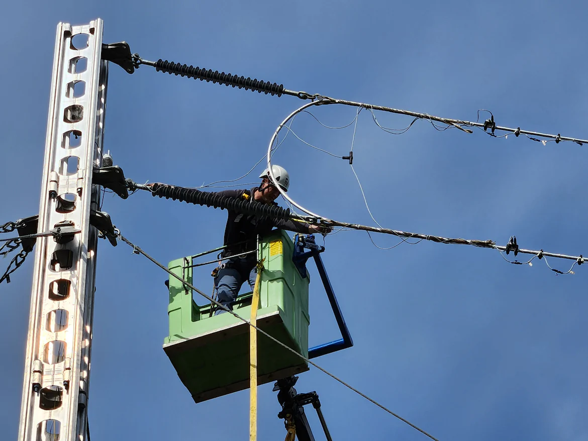 A technician working on the power line